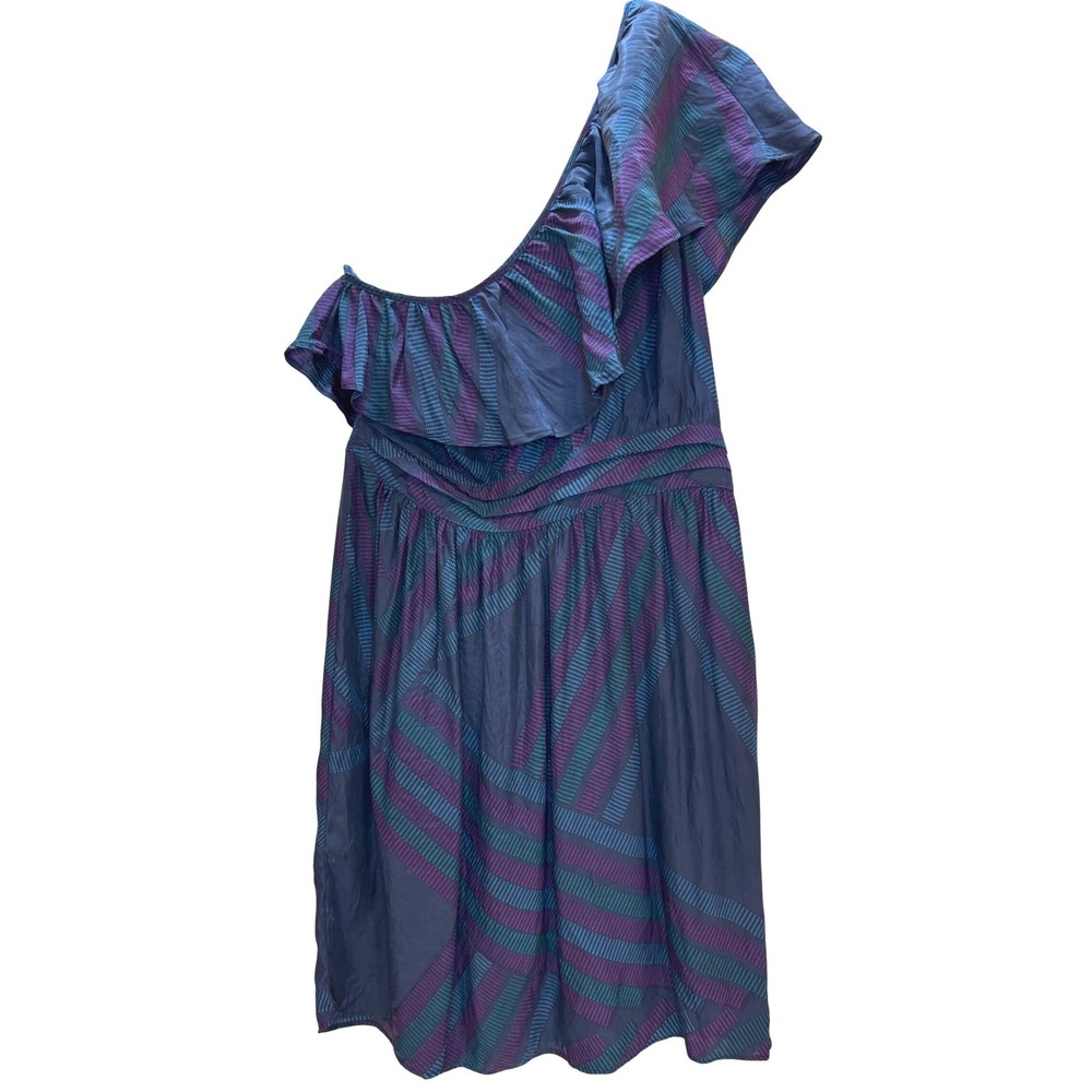 Vintage Haven 100% Silk One Shoulder Dress Women M‎ Purple Blue Geometric Ruffle